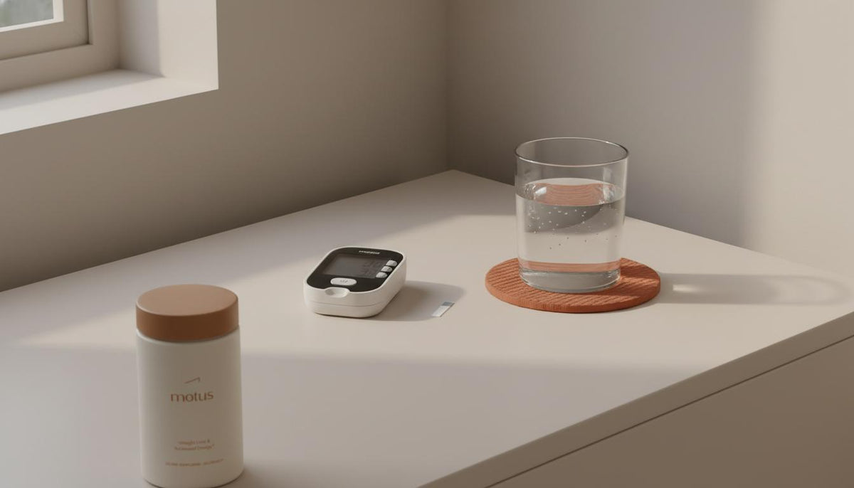 Minimalist bedside table with an open glucose meter and test strip, a glass of water, and a Tonum Motus container for monitoring high glucose levels under soft natural light.