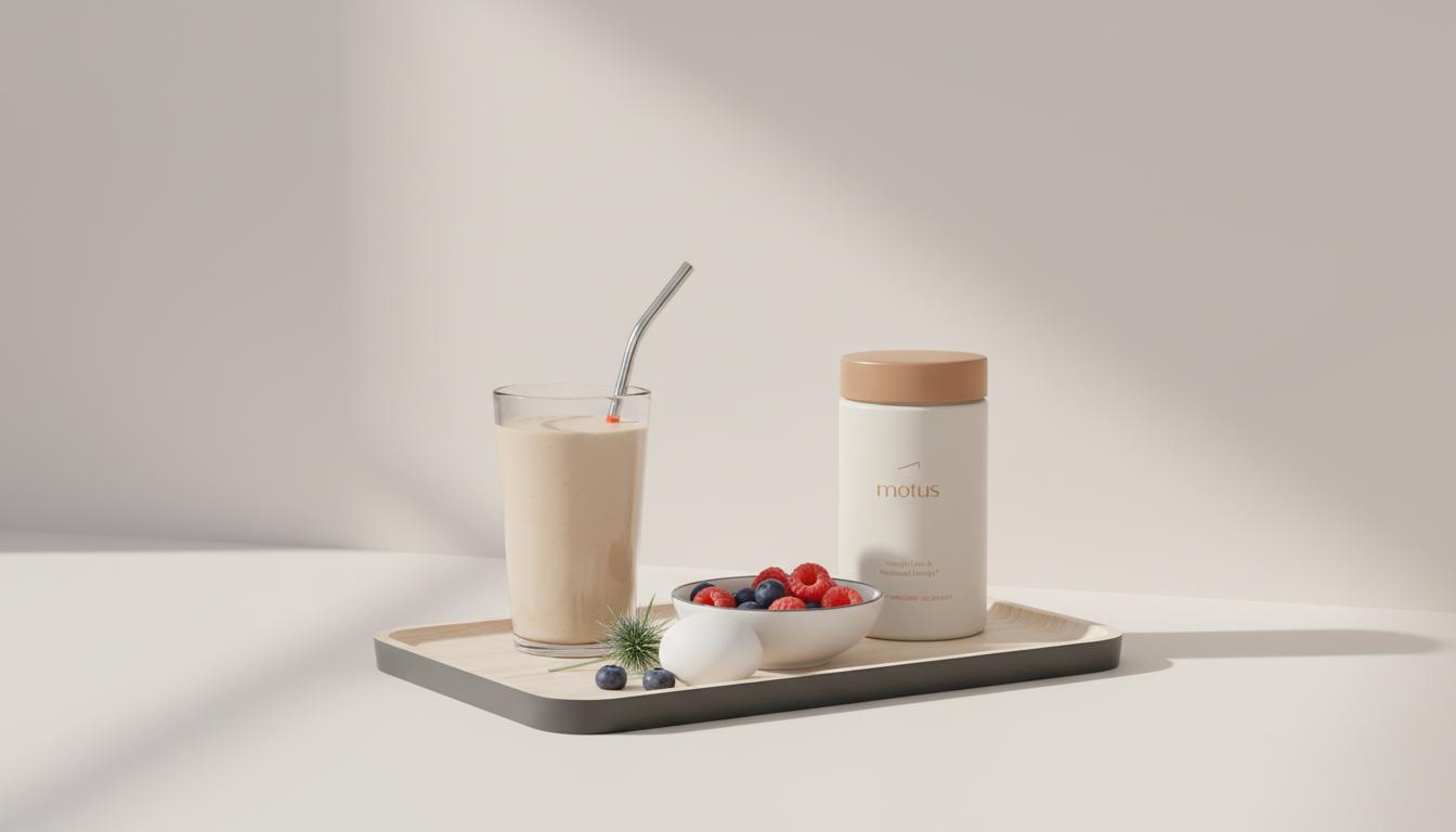 Minimalist breakfast scene with Tonum Motus supplement jar beside a glass of creamy protein drink, a bowl of berries and an egg on a wooden tray against a soft #F2E5D5 background, promoting high protein drinks for weight loss.