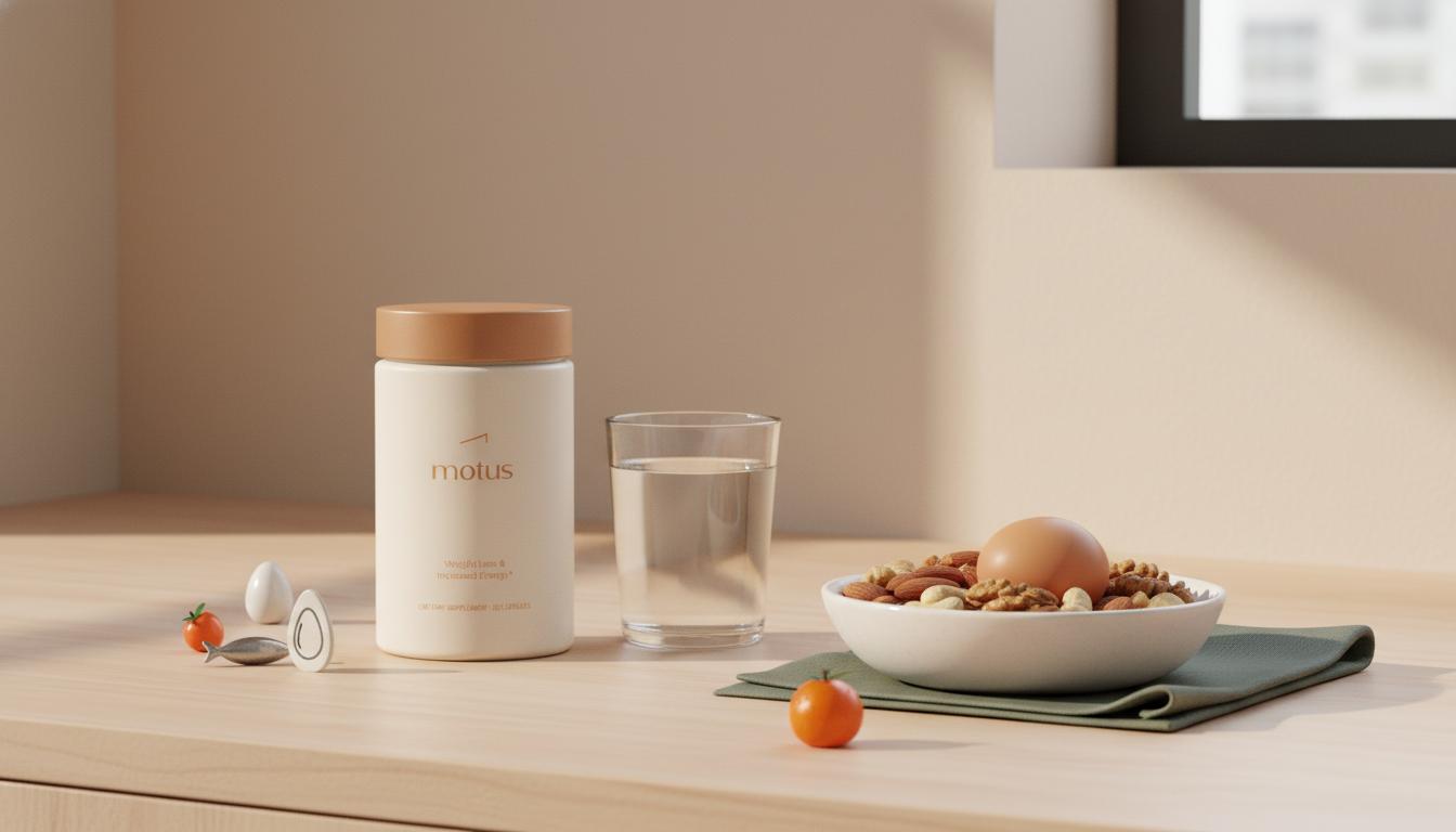 Minimalist kitchen counter with Tonum Motus supplement jar beside a glass of water, a bowl of mixed nuts and one egg, evoking high-protein drinks and nutrition.