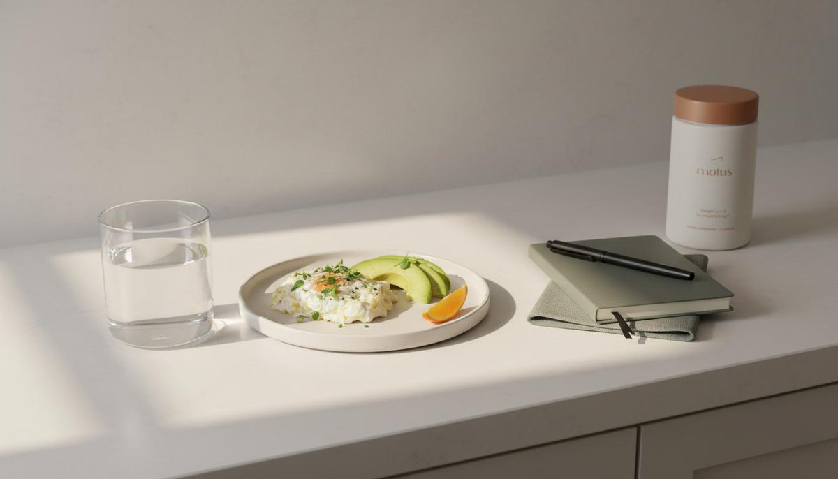 Minimalist kitchen counter with high-protein breakfast, water, notebook and Tonum Motus jar promoting holistic weight loss.