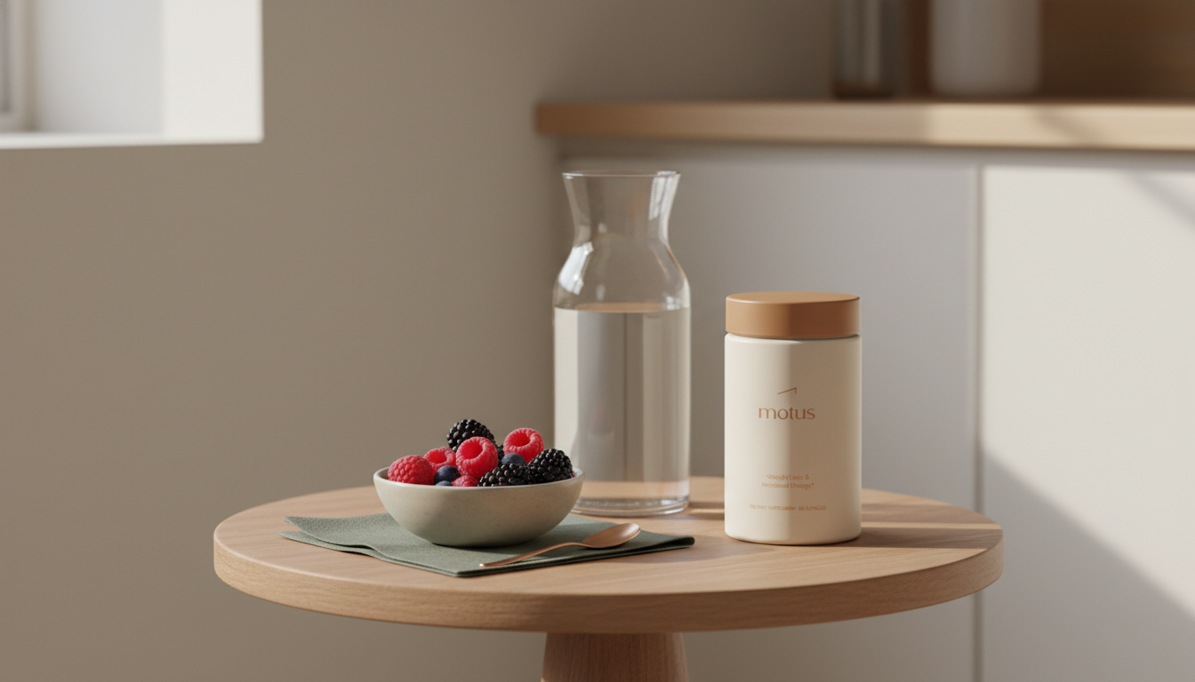 Minimalist morning scene: Tonum Motus supplement jar beside a carafe of water and a bowl of fresh berries on a wooden table, conveying holistic wellness and calm routine.