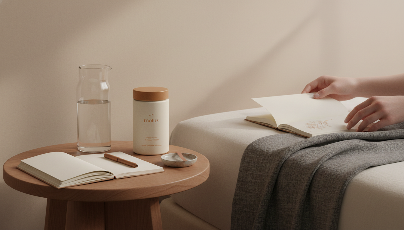 Minimalist bedroom scene with Tonum Motus jar beside water and notebook, evoking daily routines and support for home workouts for women belly fat.