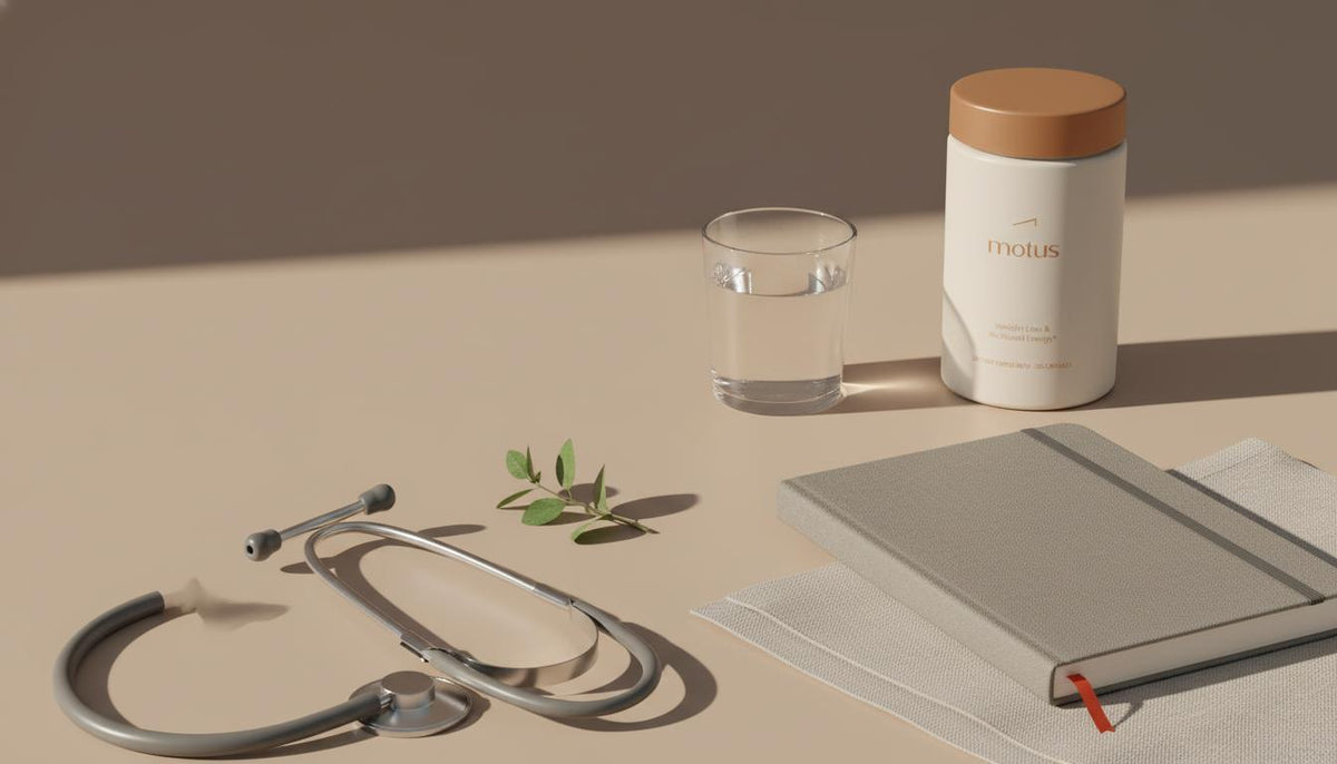 Minimalist still life of Tonum supplement jar with glass of water, stethoscope and notebook on beige tabletop, evoking balance and hormone vertigo