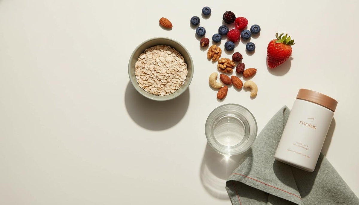 Minimalist flat-lay of berries, oats, nuts, a glass of water and a Tonum Motus supplement jar on a neutral counter — hormones that cause sugar cravings
