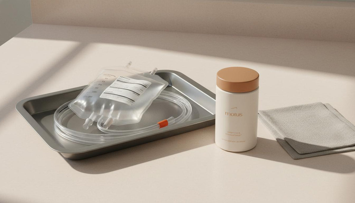 Minimal clinical still-life of a hospital nutrition tray with enteral feeding bag and Tonum supplement jar, emphasizing hospital meal replacements in a calm, clinical style.