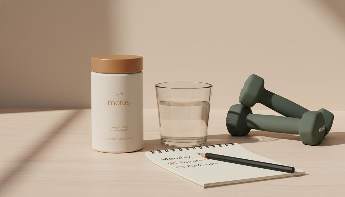 How can a man speed up his metabolism? Minimalist still-life of Tonum Motus supplement bottle, glass of water, notepad checklist and hand weights on beige background.