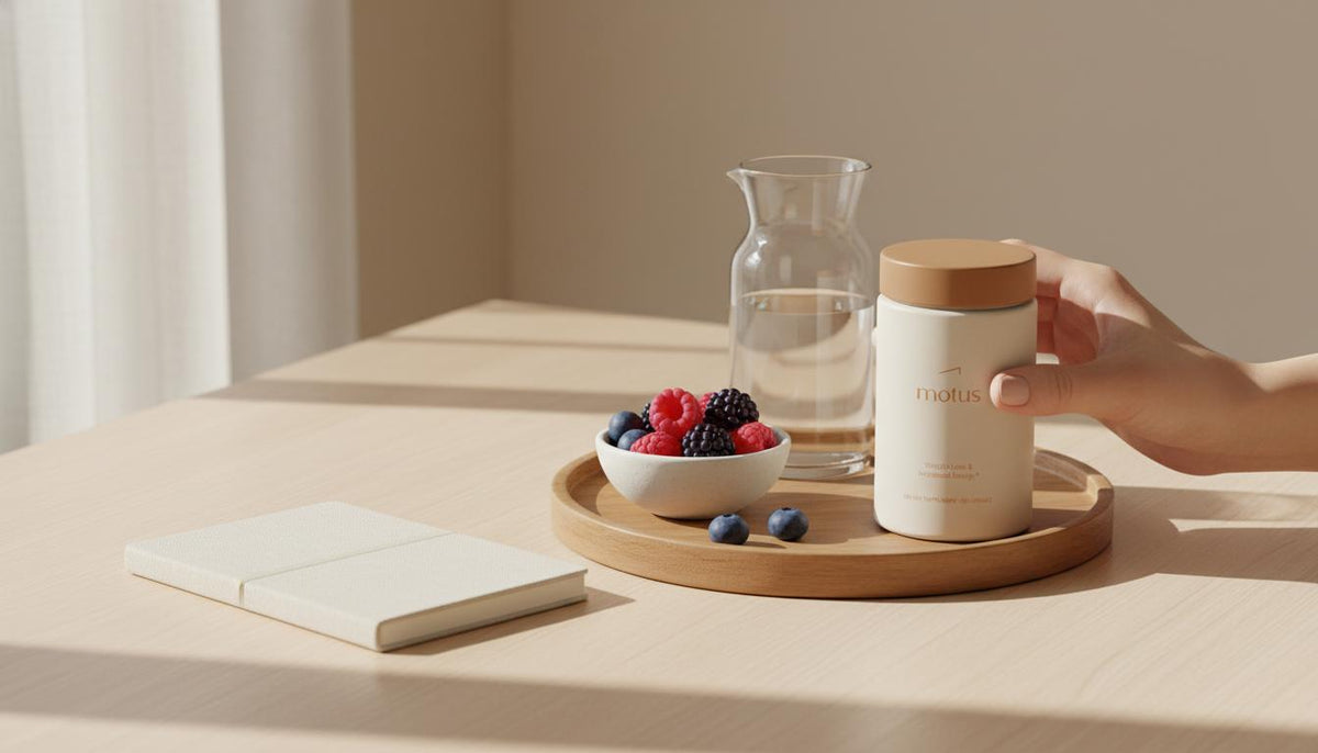 Minimalist breakfast scene with Motus supplement jar on a wooden tray beside mixed berries and a carafe of water under soft morning light — How can I boost my metabolism?
