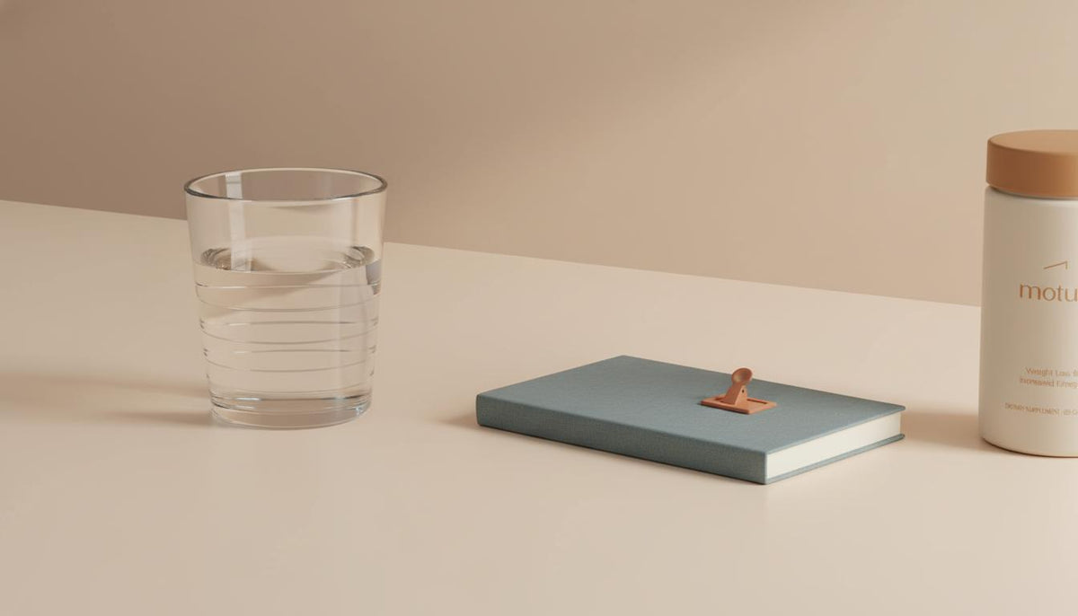 Minimalist desk with glass of water, notebook, and Tonum supplement container — How can I improve my brain energy?