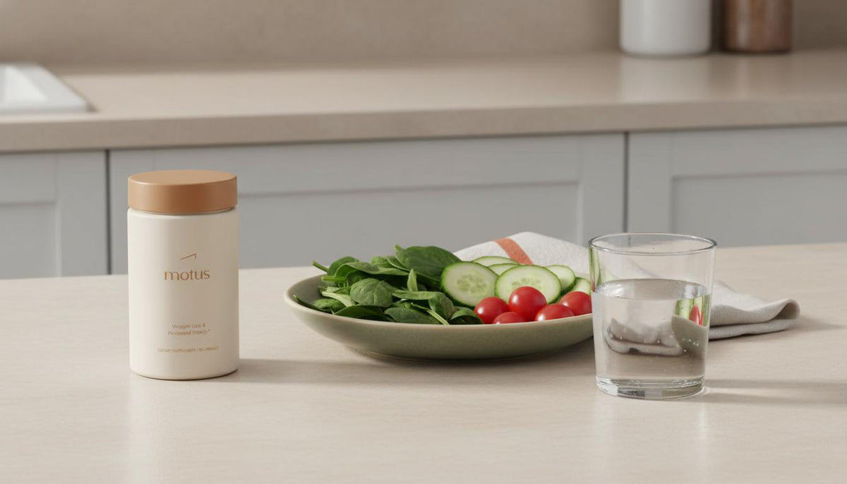 Minimalist kitchen still-life with Tonum Motus container beside a bowl of fresh vegetables and a glass of water on a soft #F2E5D5 background — How can I shrink my fatty liver fast?