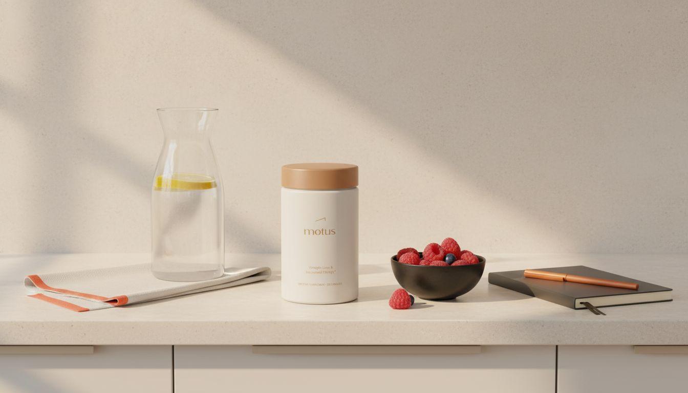 Minimal kitchen counter with Tonum Motus supplement jar next to berries, water carafe and notebook, clean lifestyle shot — how do bodybuilders cut fat so quickly