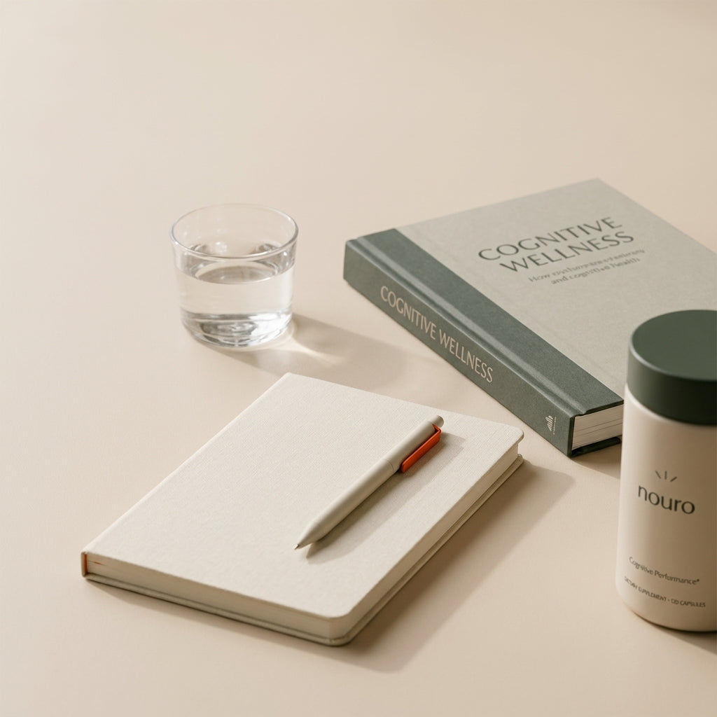 How do I avoid getting Alzheimer's? Minimalist still life with Tonum Nouro bottle, glass of water, notebook and cognitive-health book on beige background