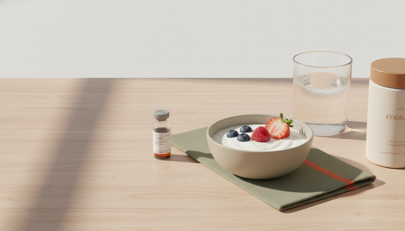 Minimalist wooden countertop with a Tonum supplement jar, glass of water, yogurt with berries and a lab vial — visual aid for how do i choose the right probiotic