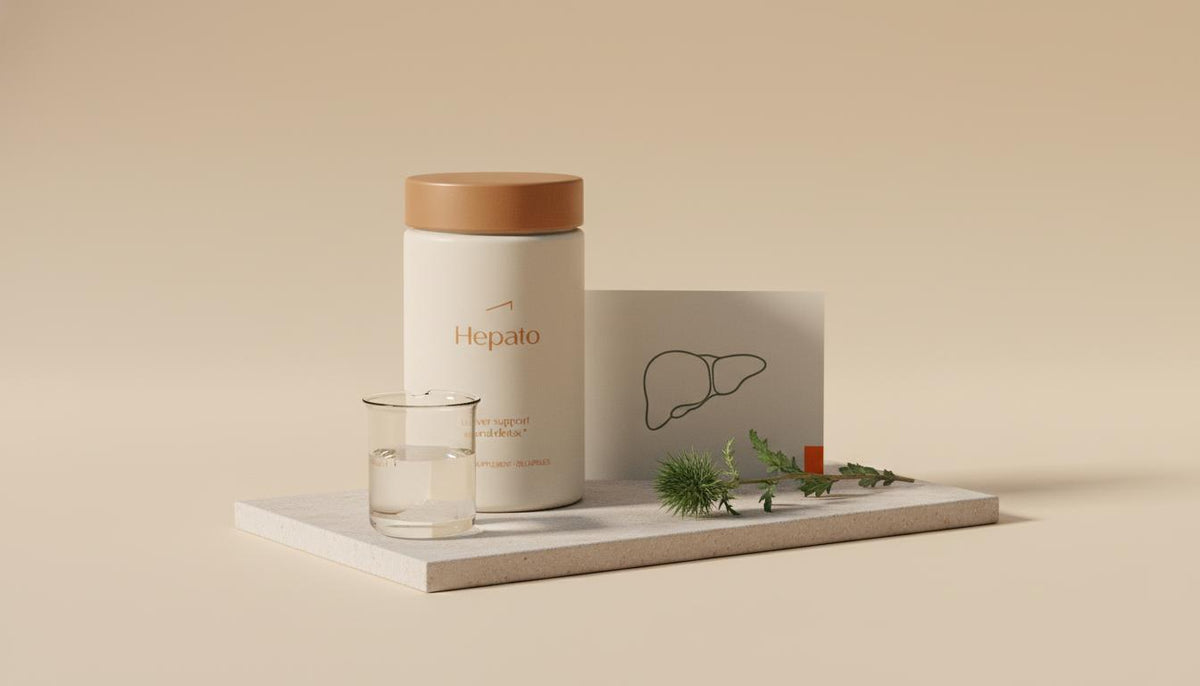 Minimalist still-life of Tonum supplement jar with milk thistle and a glass beaker, visualizing liver support and detox — How do I detox my liver asap?