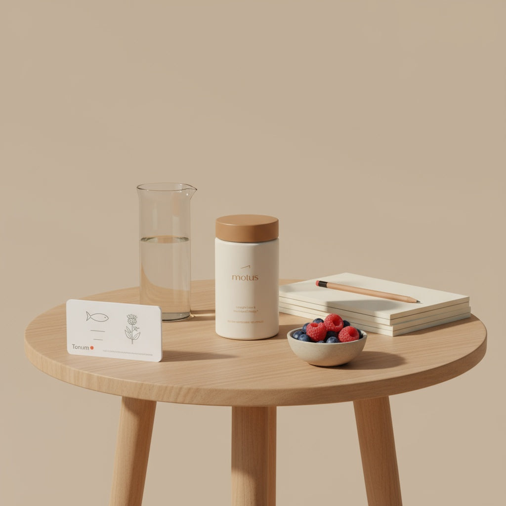 How do I improve my memory? Minimalist still-life of Tonum supplement jar on a wooden table with carafe, bowl of berries, notebook and subtle fish and milk thistle icons.