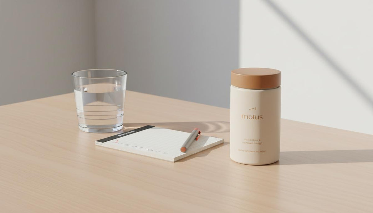Minimalist morning desk with Tonum Nouro bottle, glass of water and notepad checklist suggesting simple steps—how do I reverse brain fog with small daily routines