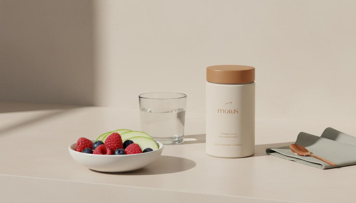 Minimalist kitchen still-life with a bowl of low-sugar fruit, a glass of water, and the Tonum Motus container from the reference photos — How do I train myself to not eat sugar?