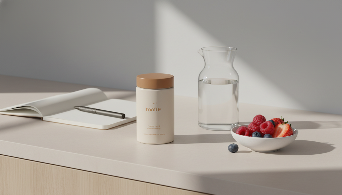 Minimalist kitchen scene with Motus supplement jar, glass carafe of water, bowl of berries and notepad on a #F2E5D5 counter, illustrating how do thermogenic fat burners work
