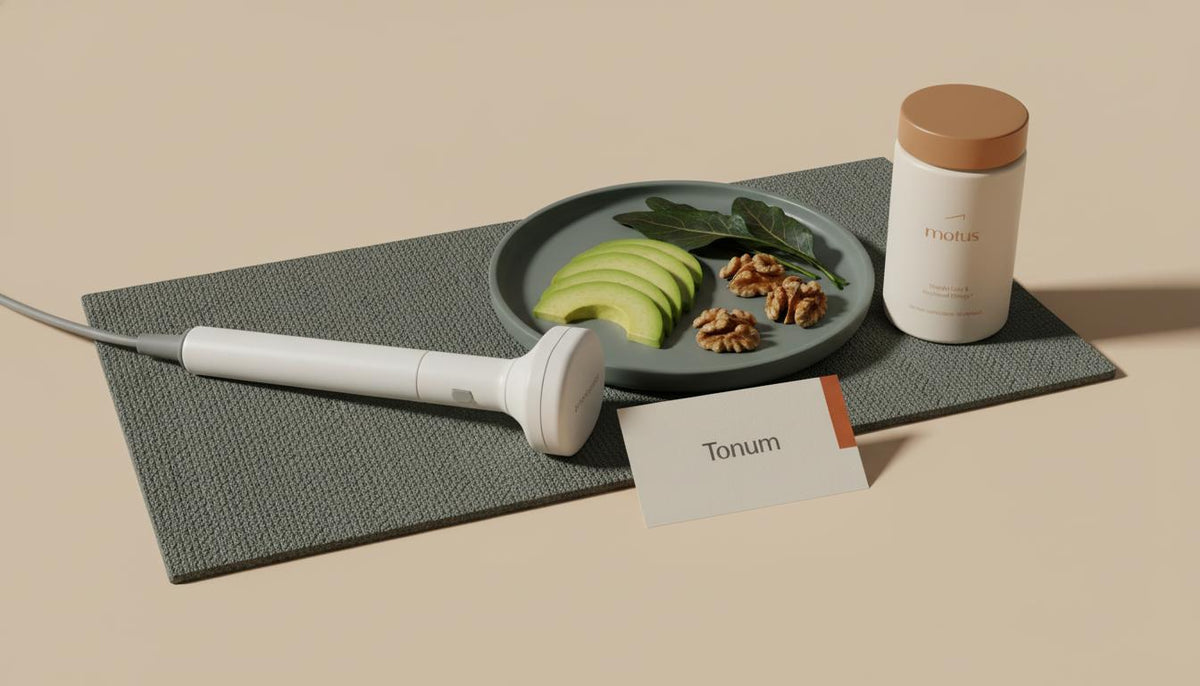 Minimal clinical still life with a FibroScan probe, avocado slices, walnuts, greens, Tonum brochure and the product from reference photos — how do you know your fatty liver is healing