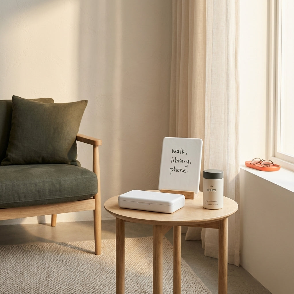 Minimalist living room still-life with a small table holding reminders, a closed pill organizer and a subtle Tonum Nouro bottle — how does Alzheimer's affect daily life?