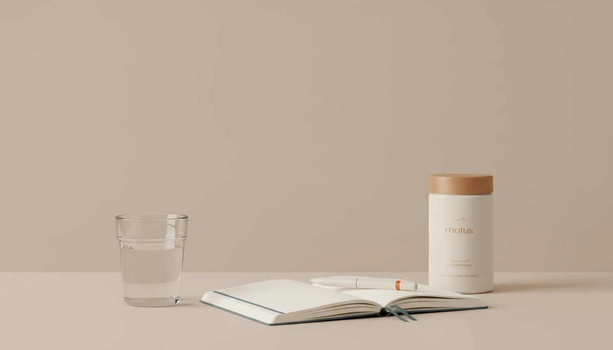 Minimalist tabletop still-life with a glass of water, open notebook and blurred Tonum supplement container, evoking subtle health signals and how does low B12 feel.