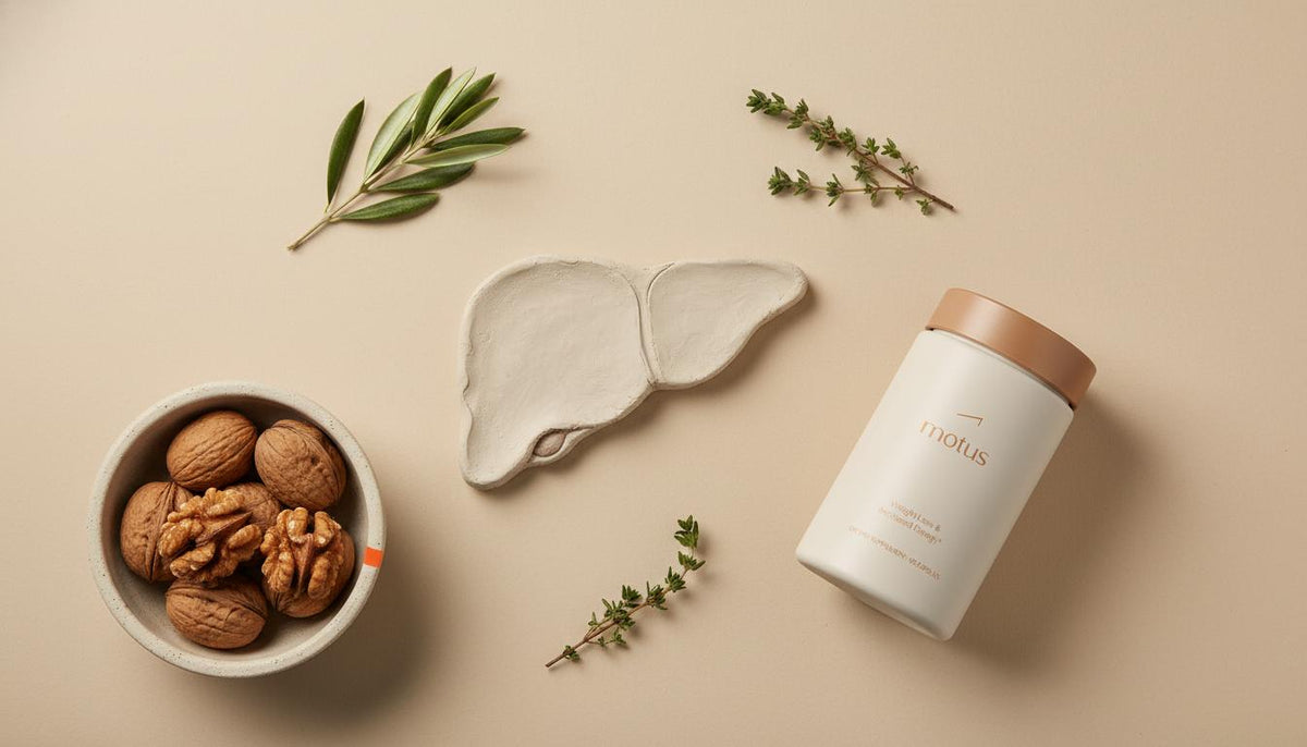 Minimalist flat-lay of a pale clay anatomical liver with olive branch, walnuts, herbs and a Tonum supplement container illustrating how liver affects metabolism in a calm clinical style