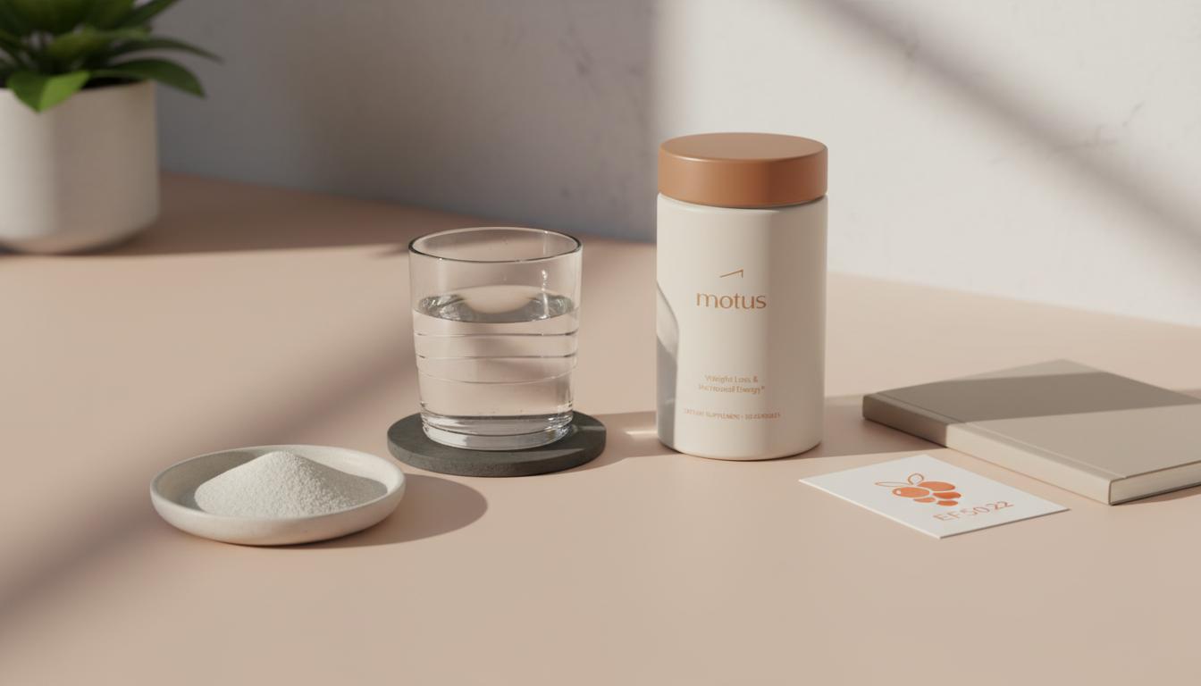 Minimalist kitchen counter with a glass of water, a dish of psyllium powder, a neutral notebook and Tonum supplement jar beside a berry icon card — how long after taking psyllium husk will you poop
