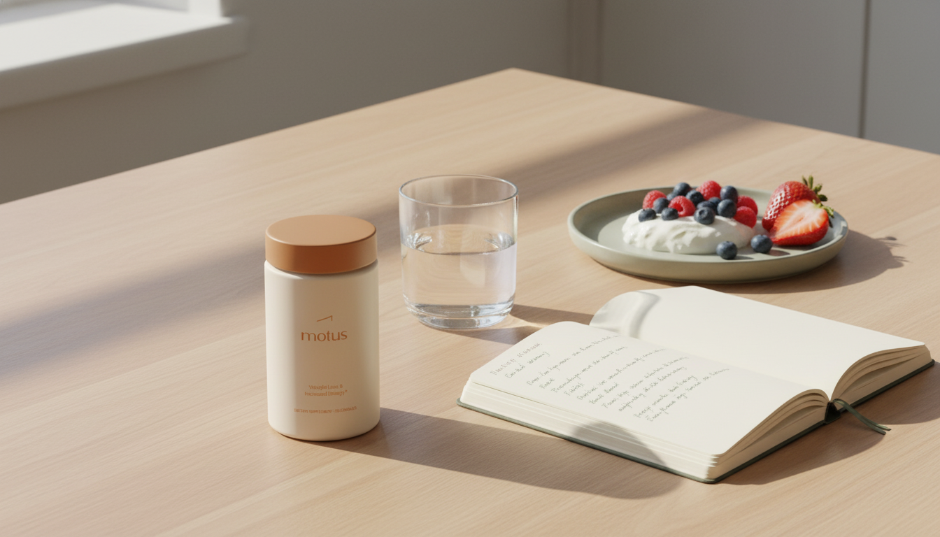 Minimal morning kitchen scene with Tonum Motus jar beside yogurt and berries on a wooden table; how long do probiotics take to help you lose weight