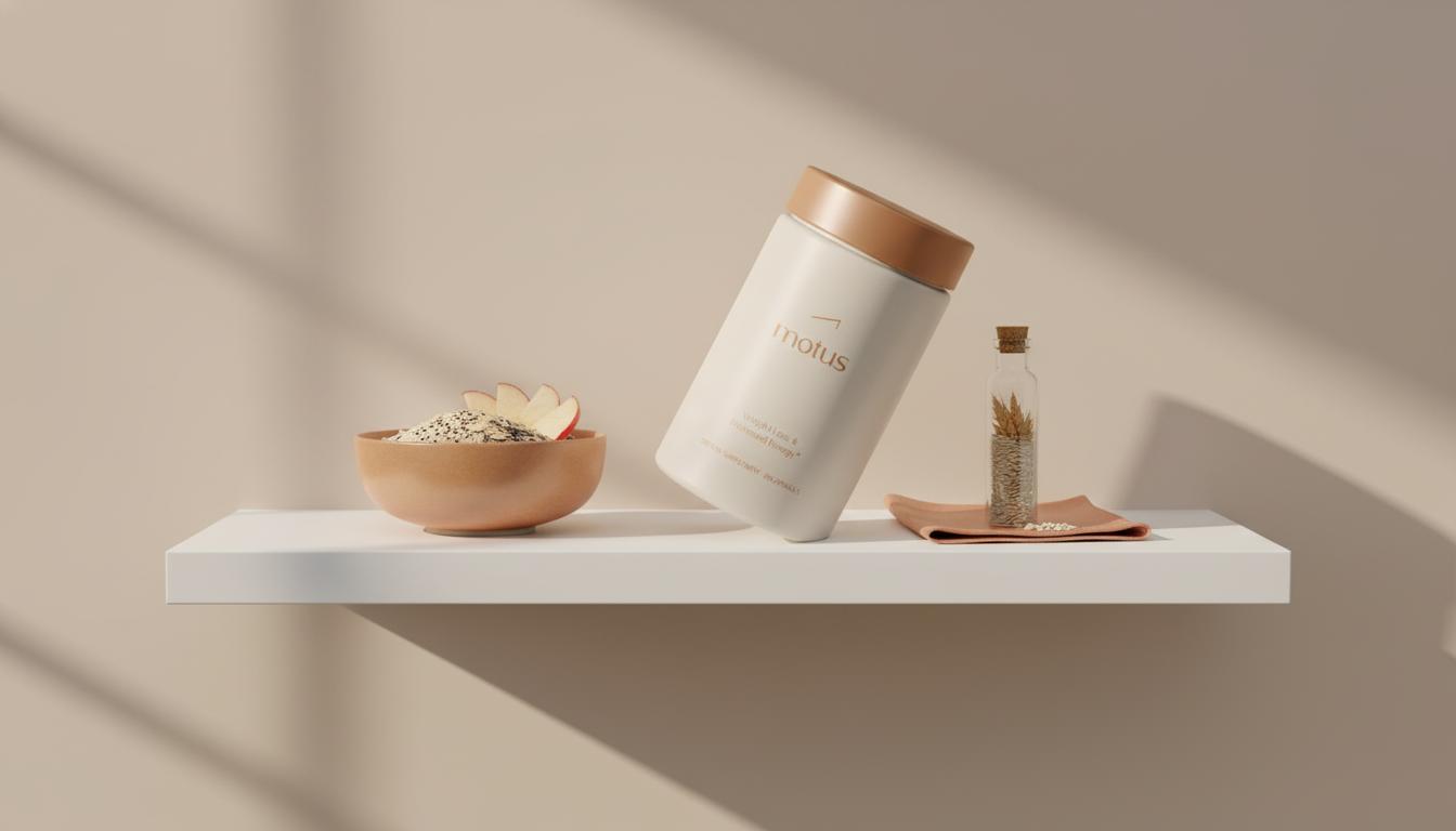 Minimalist Tonum supplement container with bowl of oats, chia and apple and a lab vial on beige background — how long do probiotics take to work