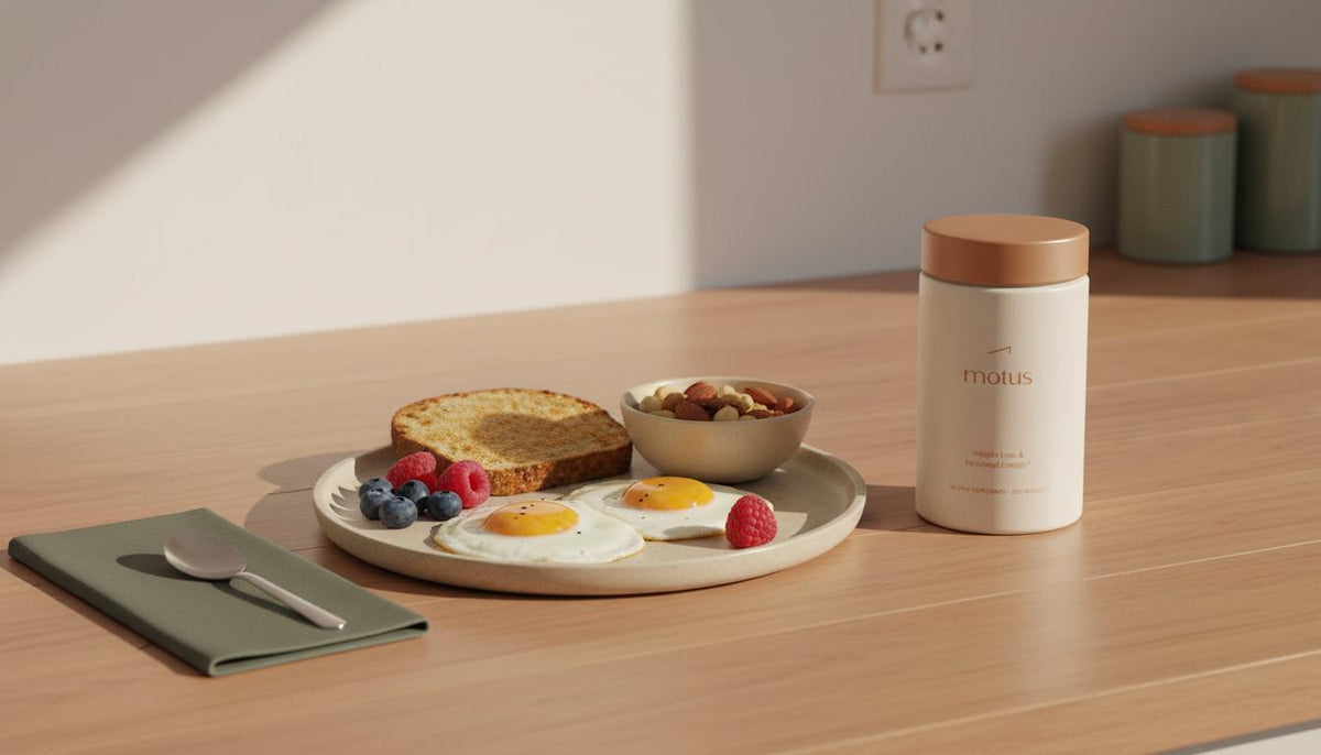 Minimalist kitchen countertop with balanced breakfast and Tonum Motus container, calm morning nutrition scene exploring how long do sugar cravings last