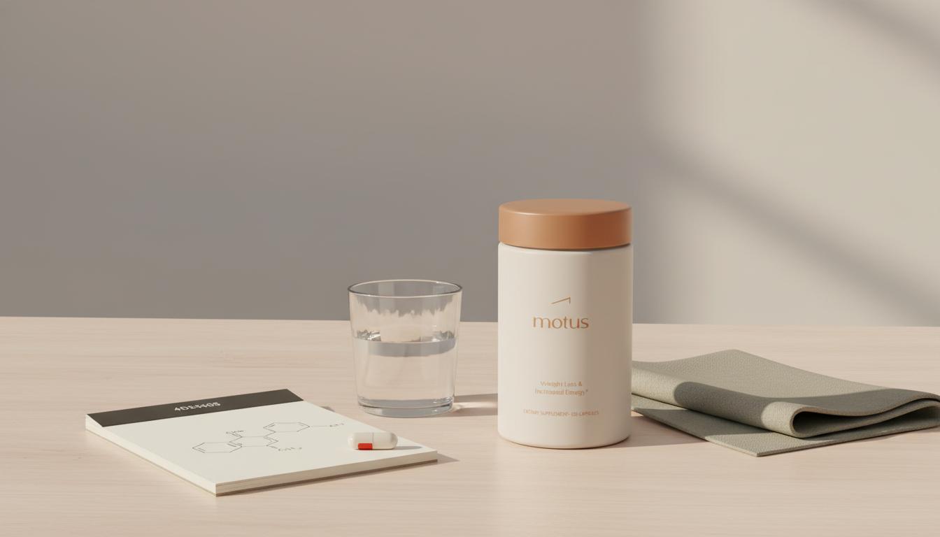 Minimalist still-life of Tonum supplement jar with glass of water and notebook on pale wooden table — how long does berberine bloat last