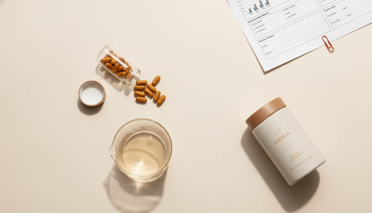 Flat-lay of berberine capsules in a glass vial beside a lab beaker and a Tonum Motus container on a beige background, clinical-warm scene illustrating how long does berberine take to work