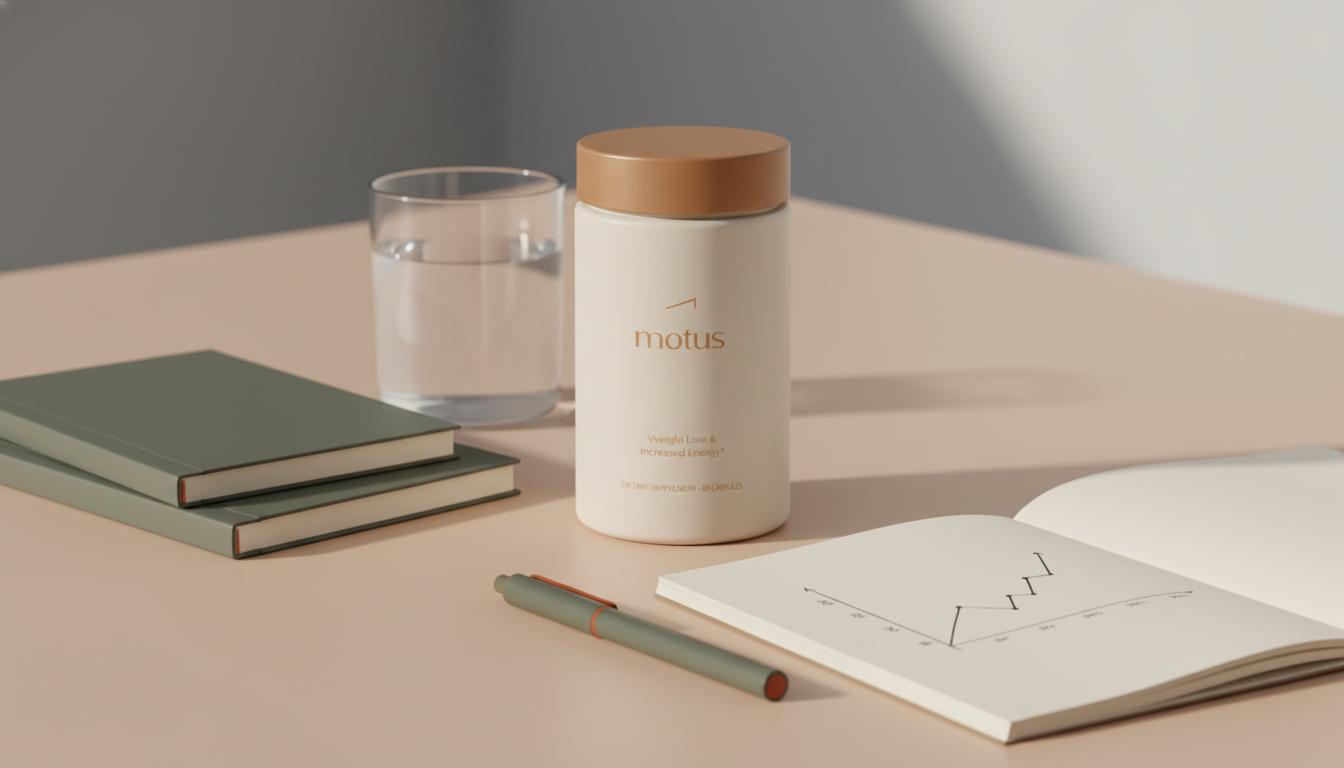 Minimalist tabletop with Tonum Motus supplement, lab notebooks and water glass evoking research-backed weight management — how long does berberine take to work