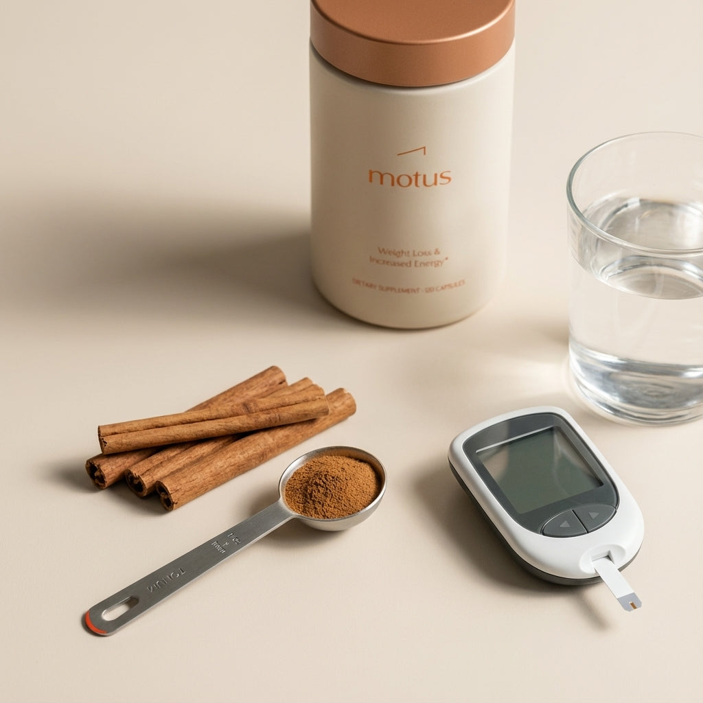 Cinnamon sticks and powdered spoon beside a glucometer and glass of water with a blurred Tonum supplement container on a beige #F2E5D5 background — How long does it take cinnamon to lower A1C?