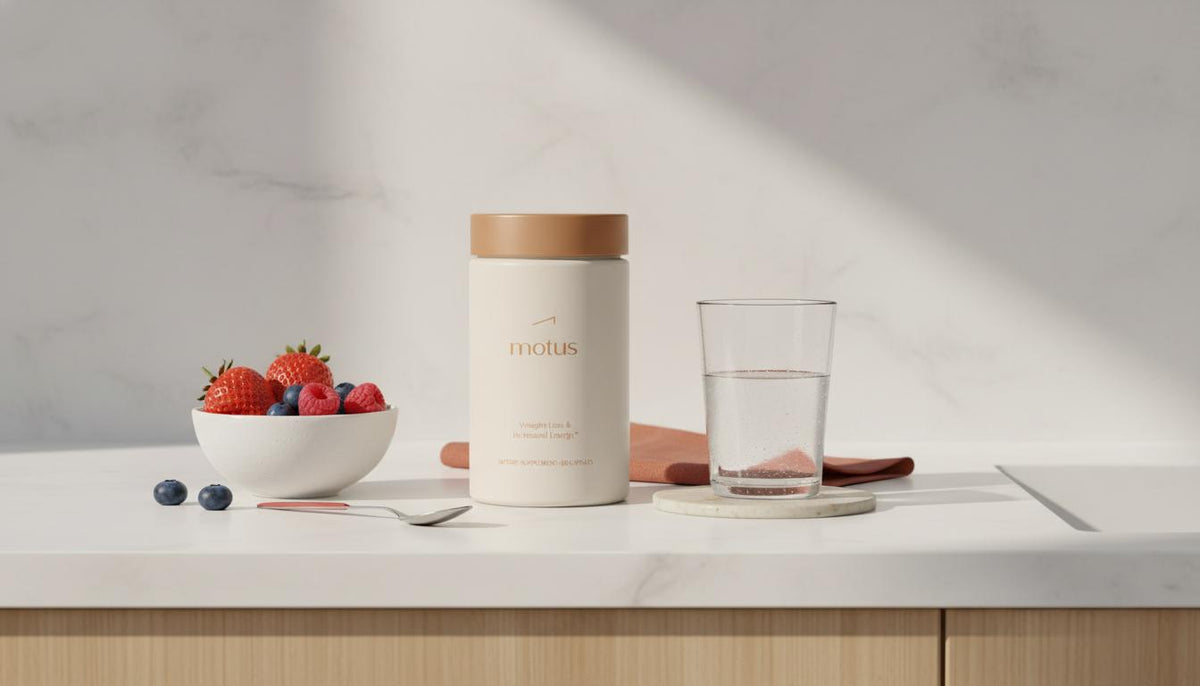 Minimalist kitchen counter with Tonum Motus container beside a bowl of fresh berries and a glass of water, clean nutrition scene — how long does it take to detox from sugar?