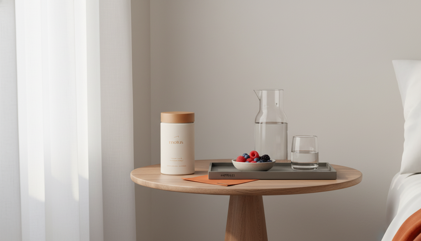 Minimalist bedside scene with Tonum Motus supplement jar, glass carafe and bowl of berries in soft morning light — How long does it take to lose weight on HRT?