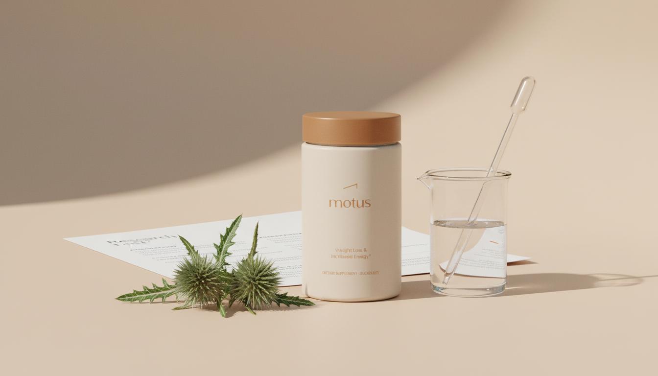 Minimalist still-life of Tonum supplement jar with milk thistle seed heads, glass beaker and pipette on beige background — how long does milk thistle take to help your liver