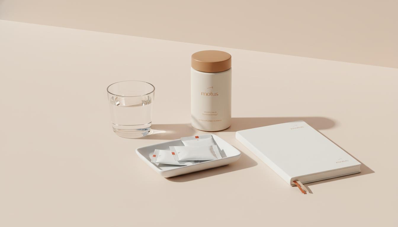 Minimalist desktop with taurine sachets, glass of water and notebook in Tonum brand colors — how long does taurine take to work