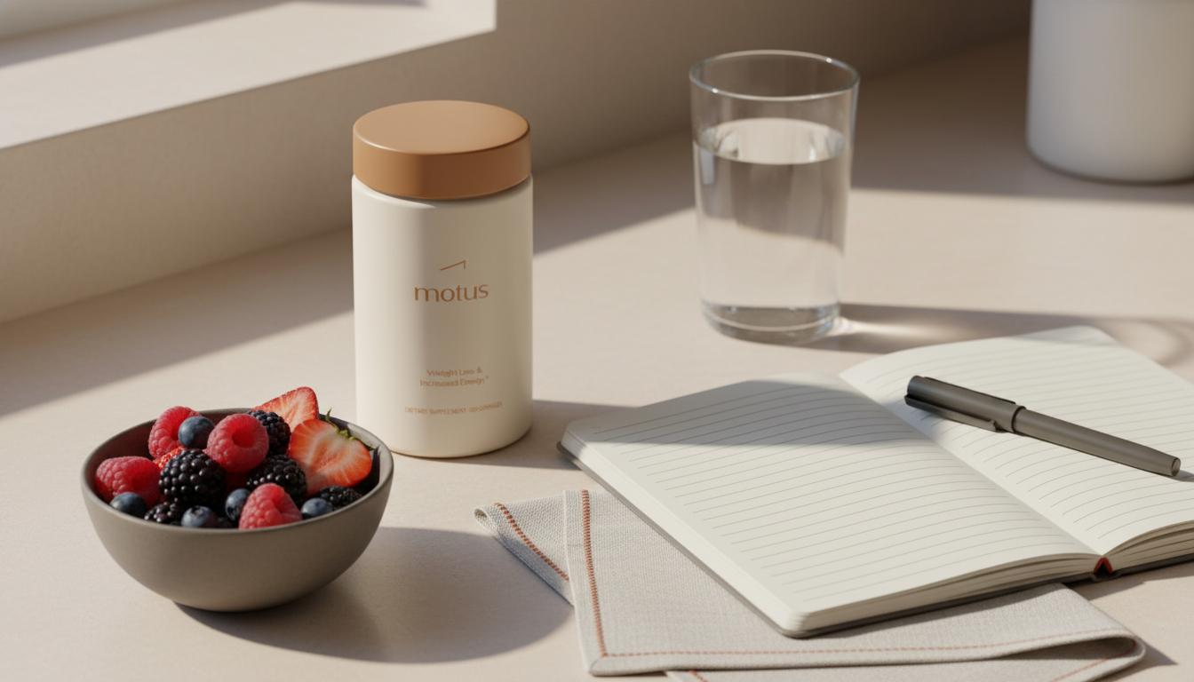 Minimalist kitchen counter with Tonum supplement container, open notebook, glass of water and bowl of berries suggesting how long to detox liver through measured recovery and healthy choices.