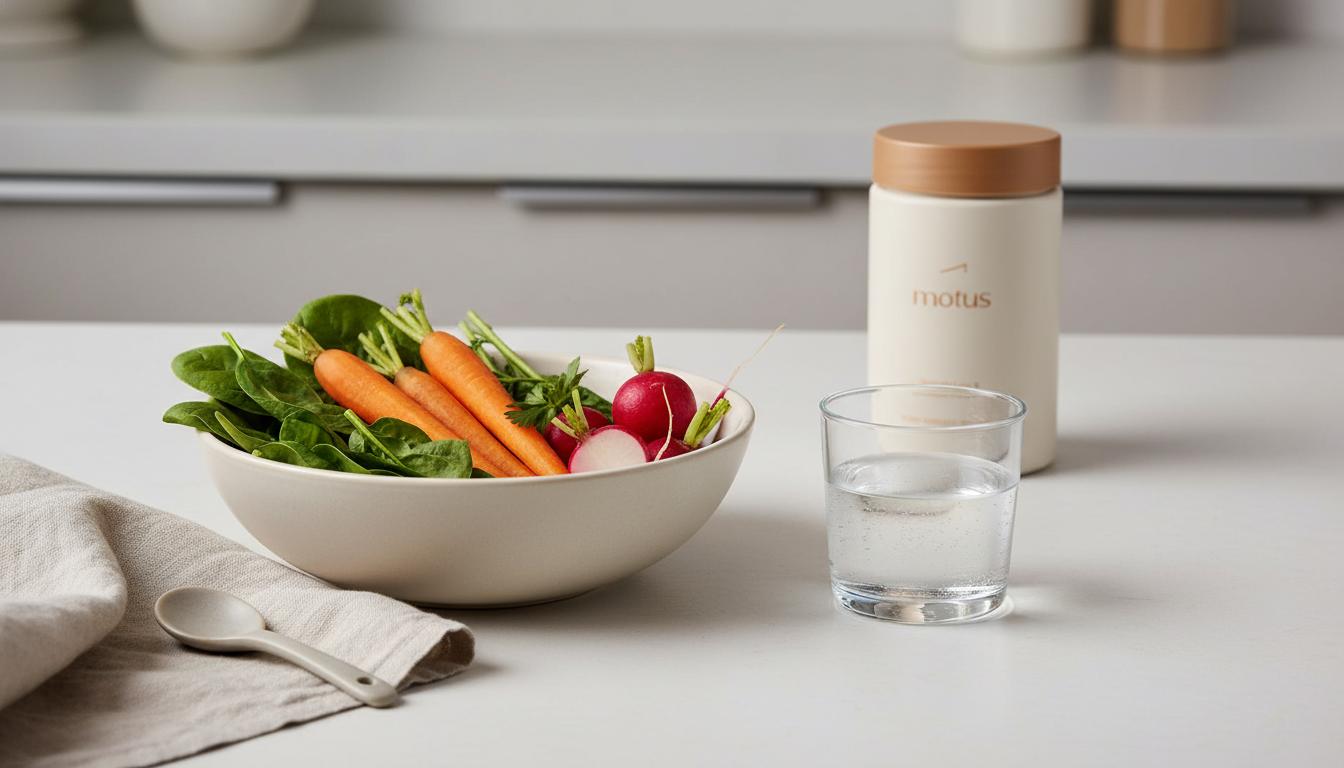 Minimalist kitchen counter with bowl of colorful vegetables, glass of water and a discreet Tonum Motus container in a beige-toned scene — how long to detox liver