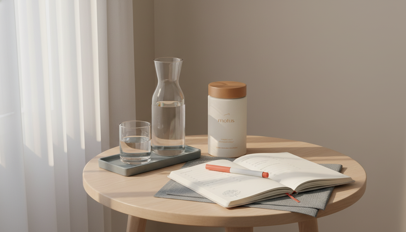 Minimalist bedside table with Tonum supplement jar, glass carafe of water, open journal and pen on a beige background, evoking a research-backed daily routine, how long to see results from Stonehenge Health