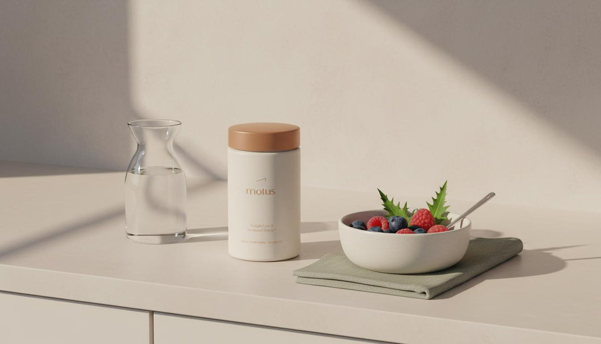 Minimalist kitchen scene with Tonum Motus jar beside a carafe of water, berries and milk thistle leaves, conveying research-led wellness — how long until collagen works