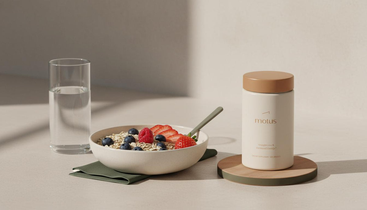 Minimalist kitchen counter with Motus supplement jar, a glass of water and a bowl of berries and oats in soft daylight, suggesting how many days to cleanse liver