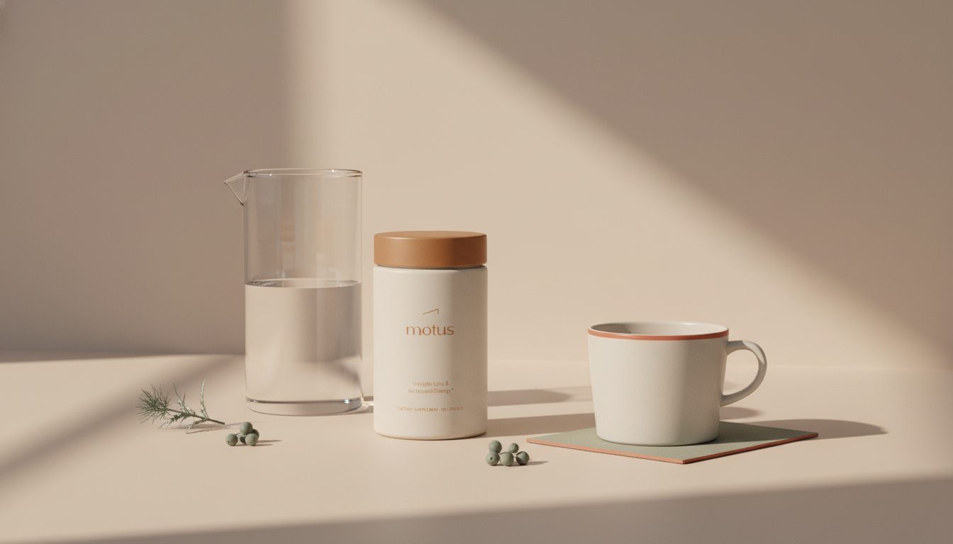 Tonum Motus bottle on a minimalist beige counter with carafe, coffee cup and small milk thistle and berry icons — how many mg of caffeine to lose weight