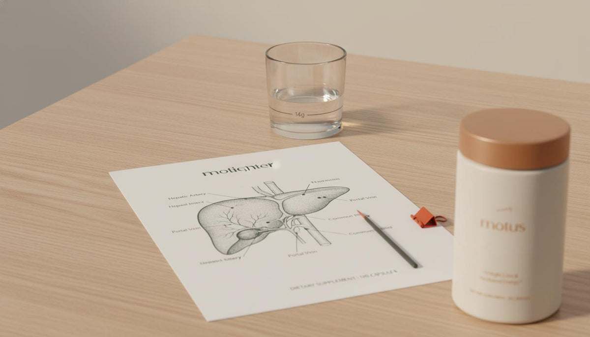 Minimalist clinical photo of a liver anatomy diagram, a measured 14 g ethanol glass, and a Tonum supplement jar on a wooden table — How much alcohol can the liver metabolize in a day?