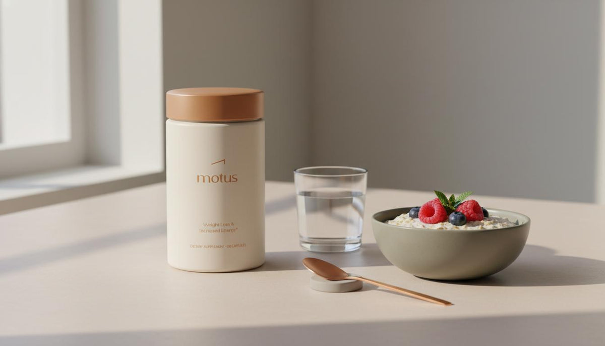 Motus supplement jar beside oatmeal and a glass of water on a Tonum #F2E5D5 background, minimalist morning scene — how much berberine do you need to take a day to lose weight