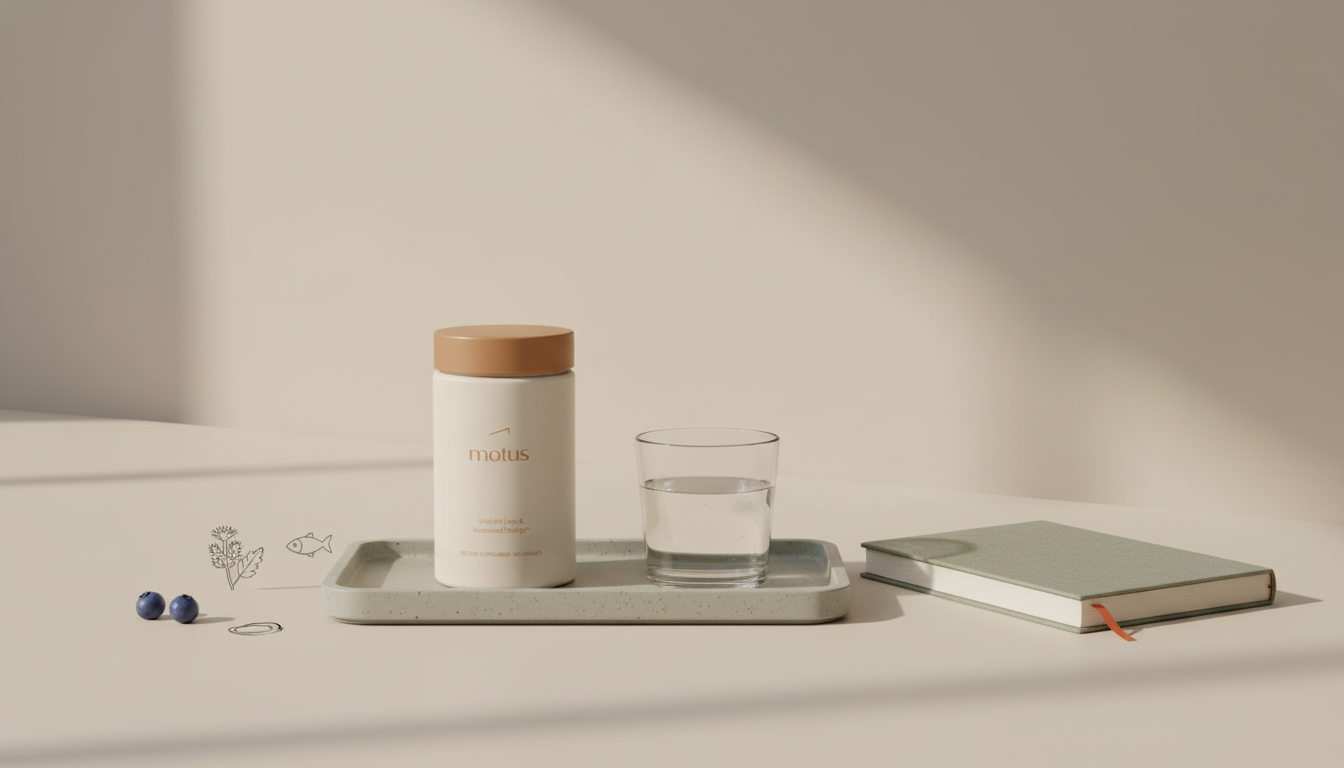 Minimal kitchen counter with Tonum supplement jar beside a glass of water and journal on a beige background, suggesting calm daily routine and transparency — How much caffeine is in Skald
