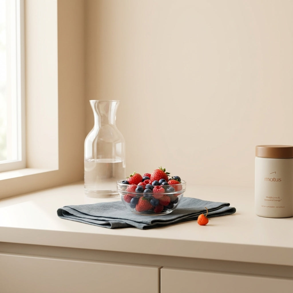 Minimalist kitchen counter with berries, water carafe and a discreet Tonum Motus container, evoking healthy habits and how much can A1C drop in 3 months.