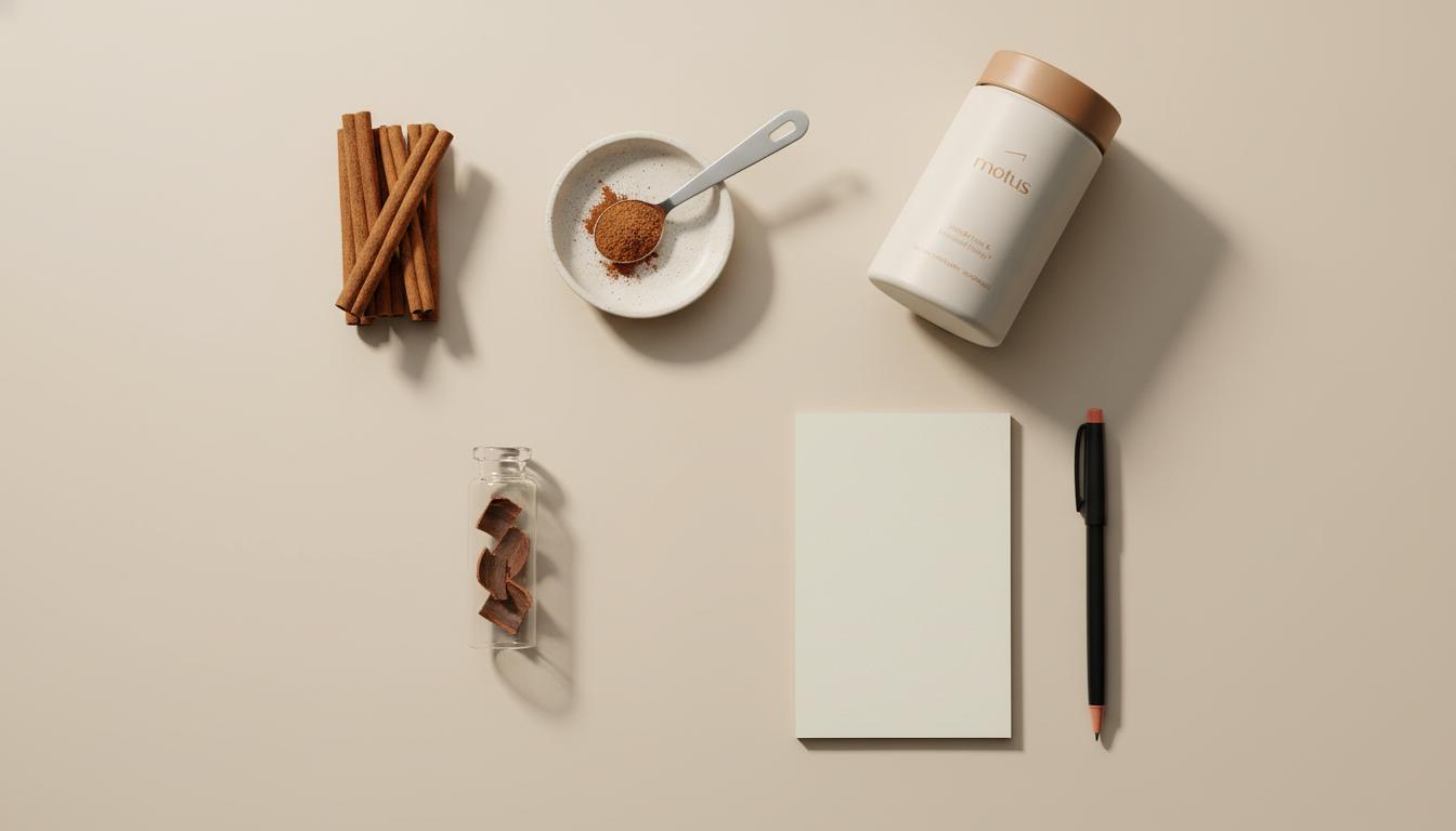 Minimalist flat-lay of Ceylon cinnamon sticks, a 1g measuring spoon, Tonum supplement container silhouette and lab vial on beige background, showing how much cinnamon per day to lower blood sugar