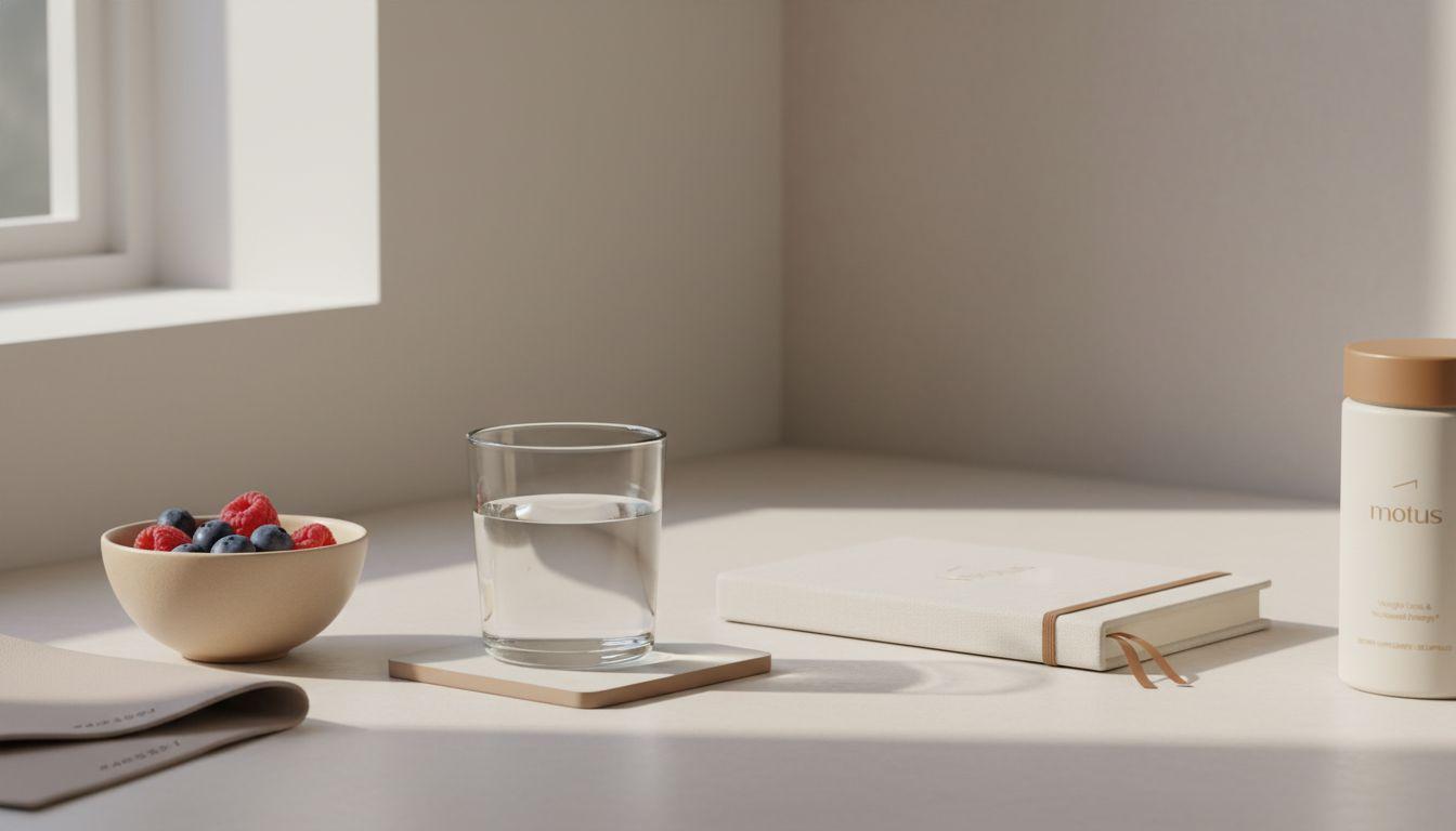 Minimalist kitchen counter with Tonum Motus jar at frame edge, glass of water, bowl of berries and folded sleep journal – How much L-theanine per day to lose weight?