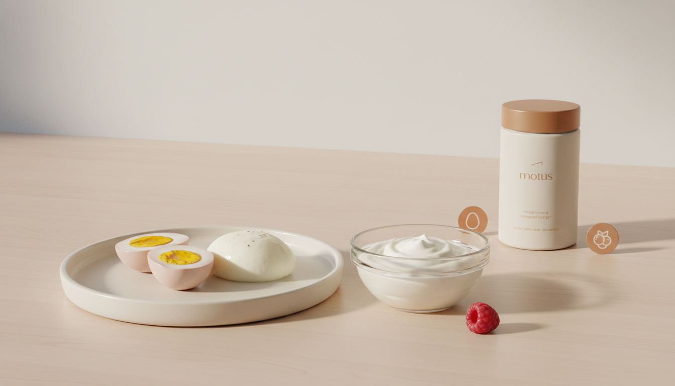 Minimalist morning kitchen still-life with two prepared eggs on a plate, Greek yogurt in a glass bowl, and a Tonum Motus container at the frame edge — how much protein in eggs